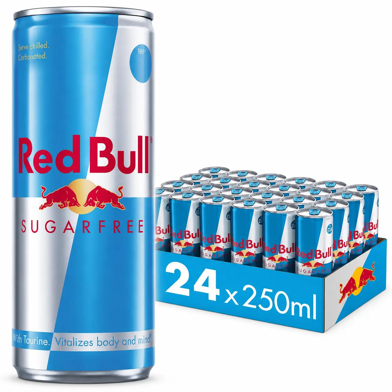 A single Red Bull Sugar Free 250ml can is displayed beside a bulk tray of 24 cans (Red Bull Sugar Free 250ml Cans 24 Pack PM), featuring the signature Red Bull logo and distinctive branding.