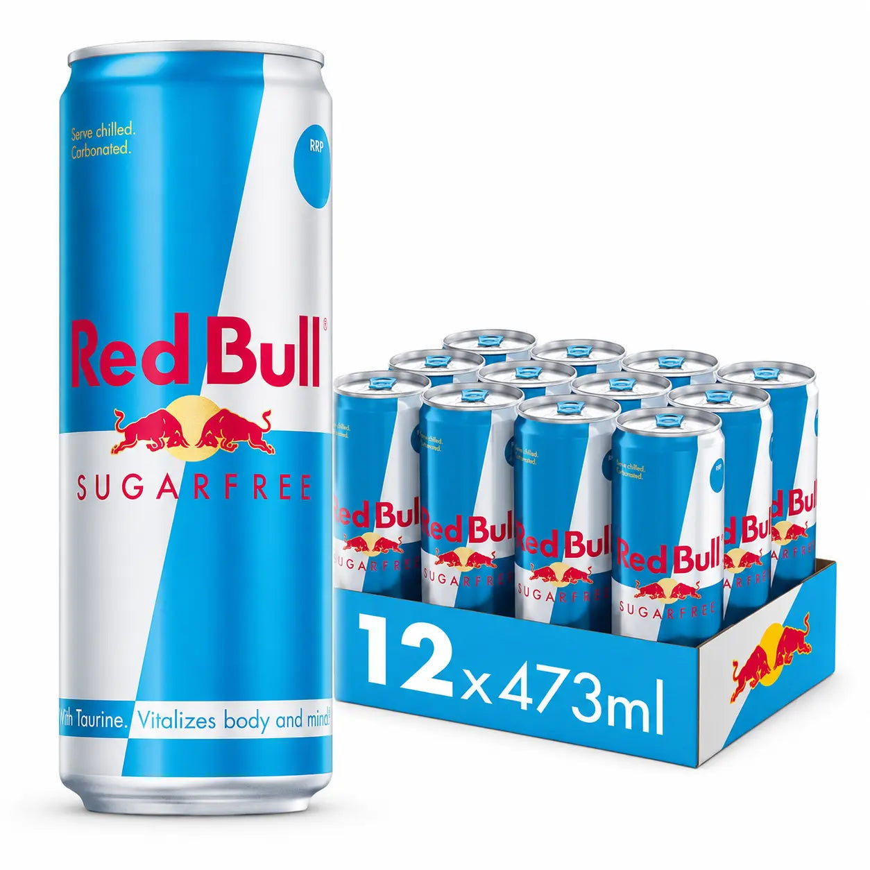 A can of Red Bull Zero Sugar 473ml is shown next to a bulk wholesale 12 Pack PM case of Red Bull Zero Sugar 473ml Cans.