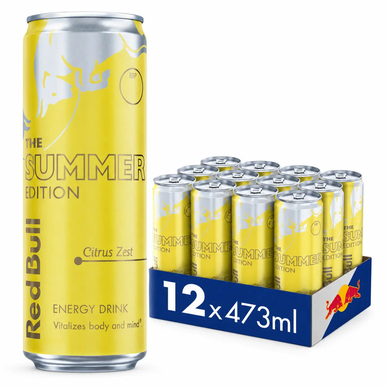 A Red Bull Spring Edition Cherry Sakura 473ml can is shown next to a 12-pack case of Red Bull Spring Edition Cherry Sakura 473ml cans.