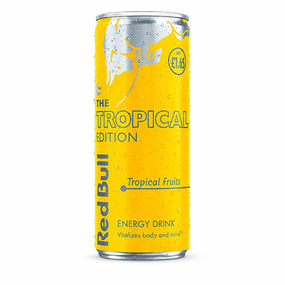 A 12-pack of Red Bull Tropical Edition 250ml cans with vibrant yellow packaging and a £1.65 price mark—ideal for bulk wholesale purchases.