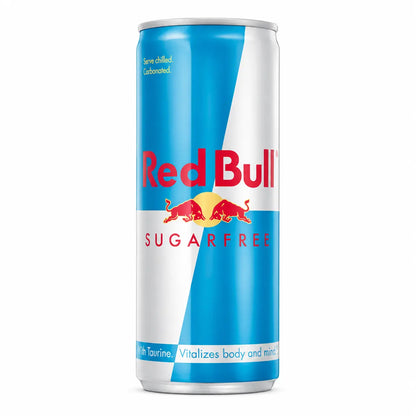 A tall 355ml can of Red Bull Zero Sugar energy drink, featuring a blue, silver, and red design. Available in a 12 pack for lasting refreshment.