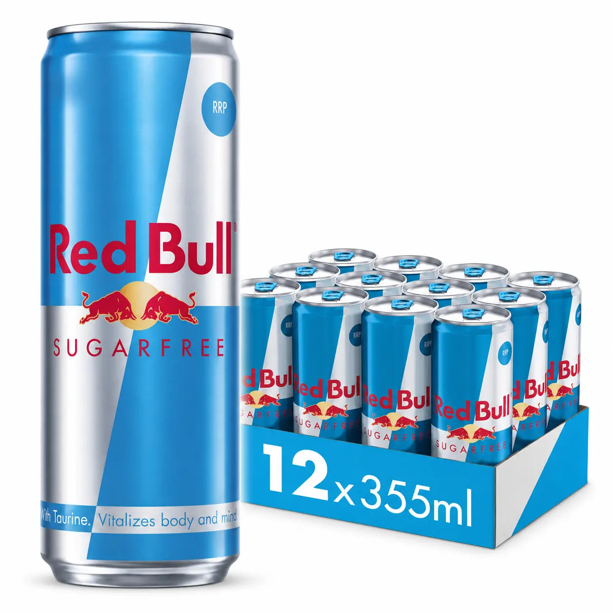 A can of Red Bull Zero Sugar 355ml is shown beside a display box of Red Bull Zero Sugar 355ml Cans 12 Pack PM, with both featuring identical cans.
