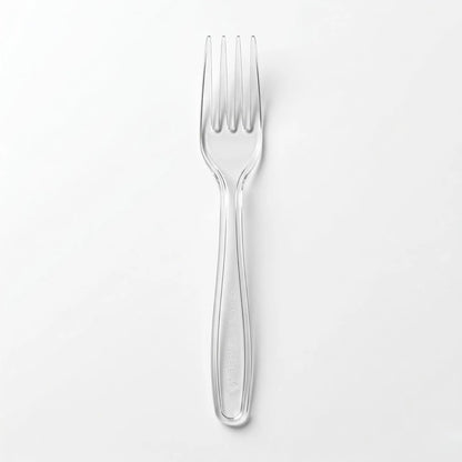 A Clear Plastic Fork from the Clear Plastic Forks 1000 Pack is centered on a plain white background in the image.