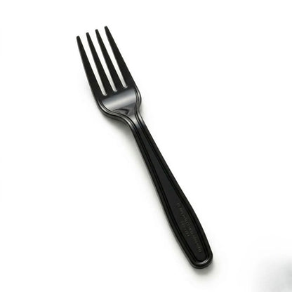 A Black Plastic Fork from the Black Plastic Forks 1000 Pack is placed on a white background.