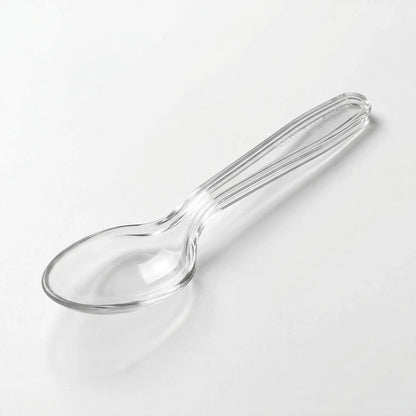 A Clear Plastic Spoons 1000 Pack is displayed on a white surface, highlighting its handle and bowl—ideal disposable cutlery for events and gatherings.