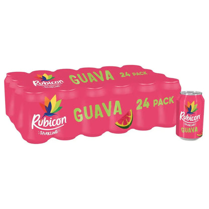 A 24-pack of Rubicon Sparkling Guava 330ml cans, featuring bright pink packaging with green lettering and a guava illustration—ideal for bulk soft drinks wholesale orders. One can is displayed beside the pack.