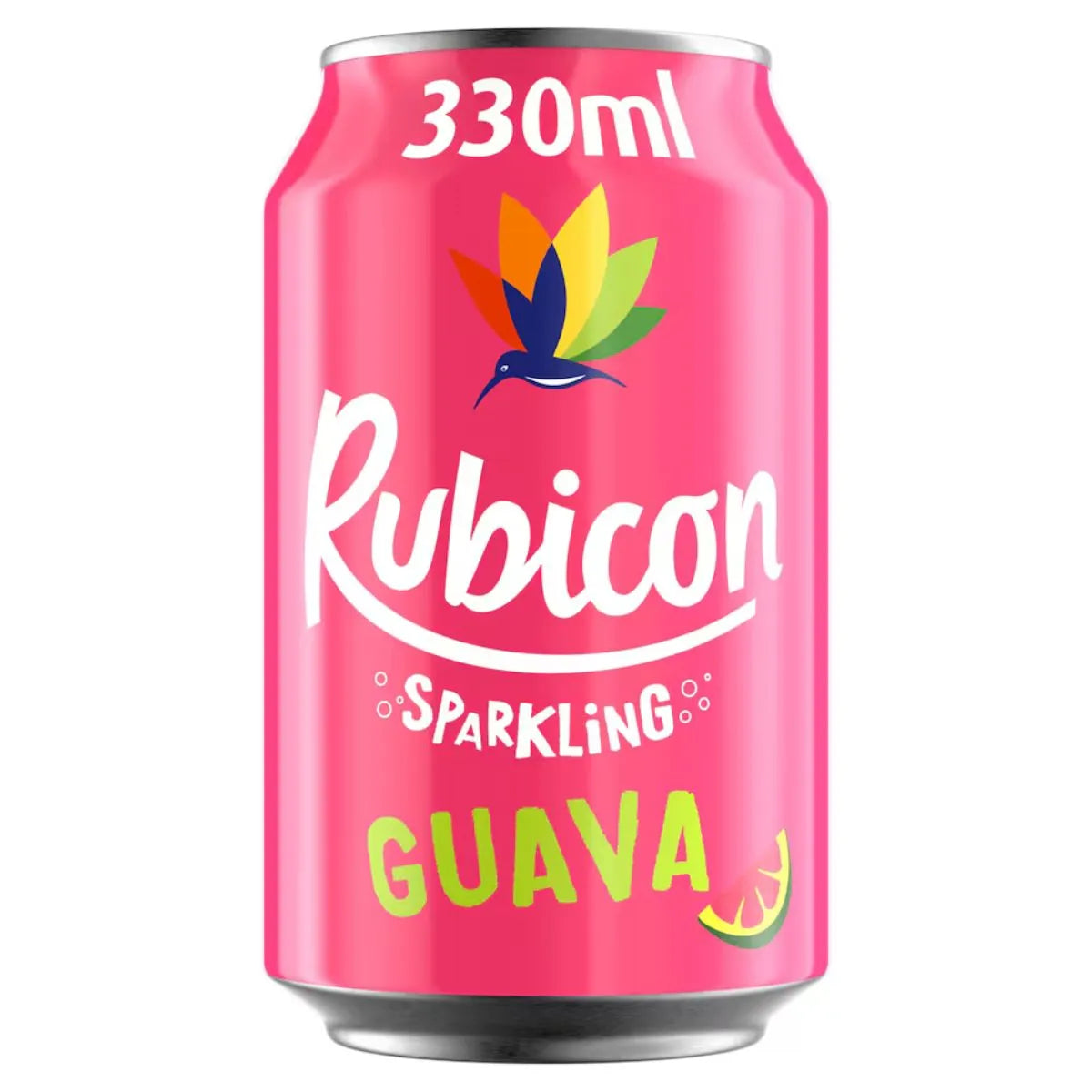 Rubicon Sparkling Guava 24 x 330ml features vibrant pink branding with a hummingbird logo—ideal for wholesale buyers seeking a refreshing tropical soft drink in bulk.