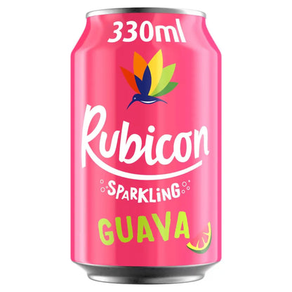 Rubicon Sparkling Guava 24 x 330ml features vibrant pink branding with a hummingbird logo—ideal for wholesale buyers seeking a refreshing tropical soft drink in bulk.