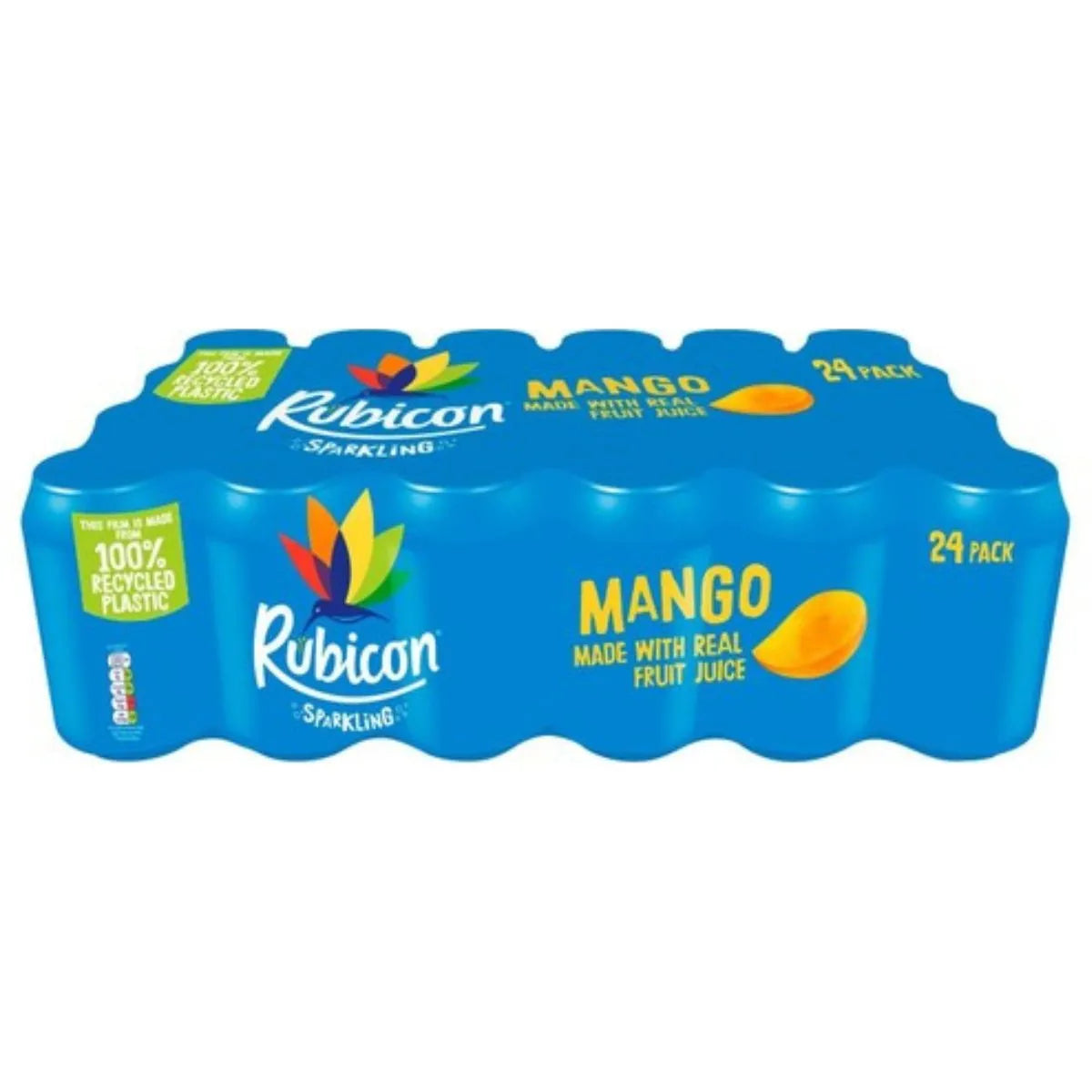 A 24-pack of Rubicon Sparkling Mango 330ml cans, featuring a blue wrapper with fruit images and “made with real fruit juice” text on 100% recycled plastic—ideal for those seeking wholesale soft drinks.