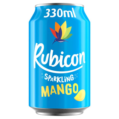 A Rubicon Sparkling Mango 24 x 330ml Multipack features cans with a blue background, colorful hummingbird logo, and vibrant yellow mango imagery—ideal for wholesale soft drinks orders.