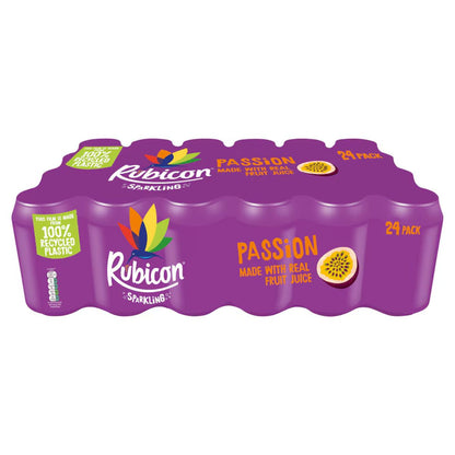 Rubicon Sparkling Passion 24 x 330ml offers a tropical soft drink with real fruit juice in purple packaging, made from 100% recycled plastic—ideal for bulk soft drink wholesale needs.