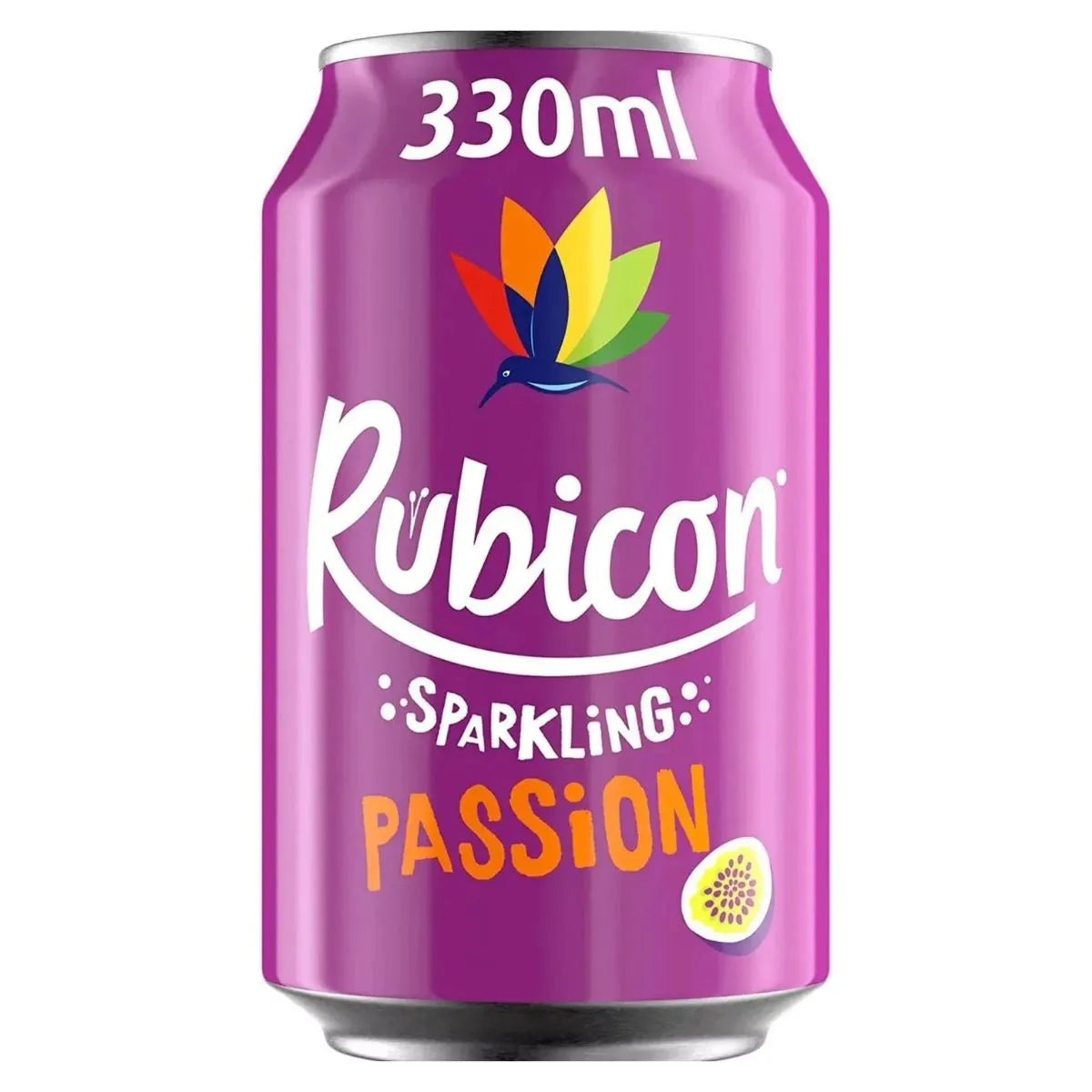 A pack of 24 x 330ml cans of Rubicon Sparkling Passion, the vibrant tropical soft drink featuring a colorful bird logo on its purple can. Ideal for those looking to purchase soft drinks in bulk or wholesale.