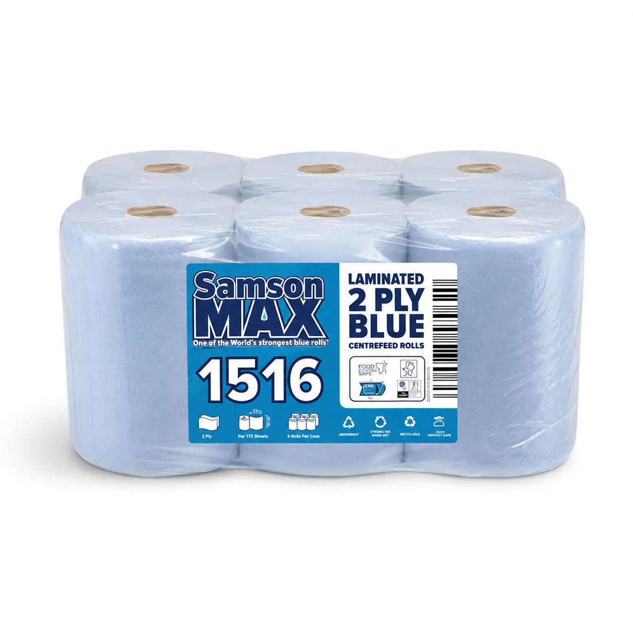 Six-pack of Blue Roll 145M, laminated 2-ply blue centrefeed rolls ideal for catering kitchens. Each 145m roll fits a 2-ply dispenser and comes plastic-wrapped with a clear product label displaying all details and icons.