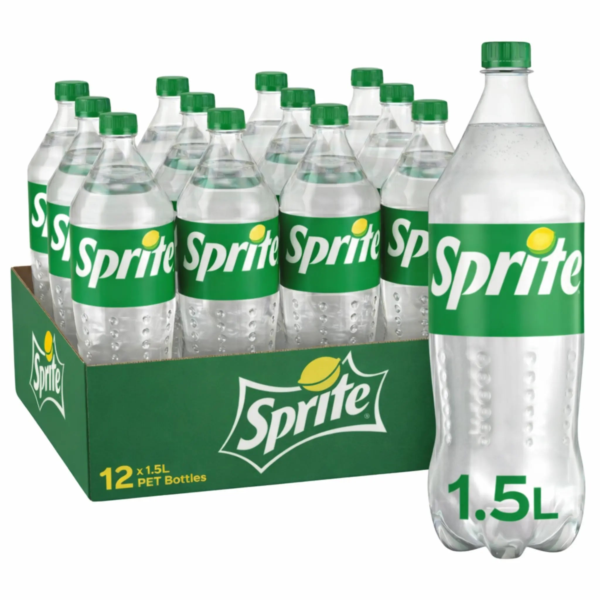 Sprite 1.5L Bottles 12 Pack GB features twelve refreshing lemon-lime soft drink bottles in a sturdy box, with one bottle displayed at the front—ideal for wholesale soft drink purchases.