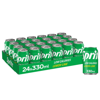 Sprite 24 x 330ml: Refreshing lemon-lime soft drink in green packaging. Includes 24 cans (330ml each), with one can upright beside the pack—ideal for wholesale bulk purchase.