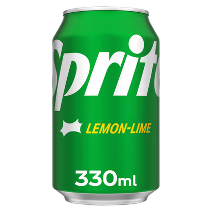 Sprite 24 x 330ml features lemon-lime soft drink cans with a green background and white and yellow text, ideal for refreshing enjoyment or convenient bulk soft drinks wholesale.