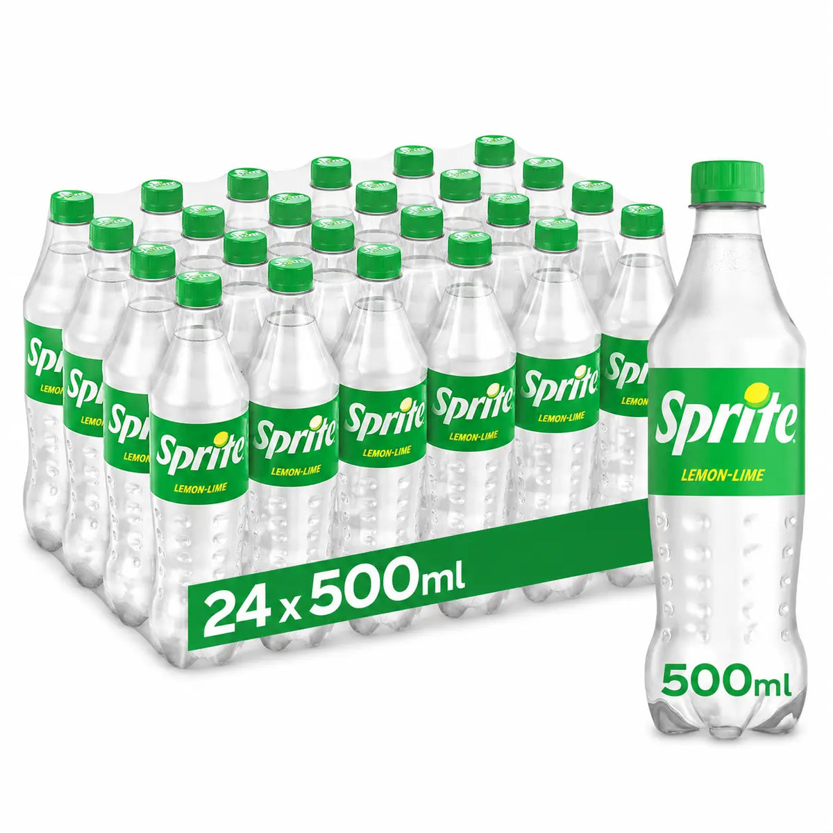 A 24 pack of Sprite 500ml bottles (Irish), with one bottle displayed separately in front.