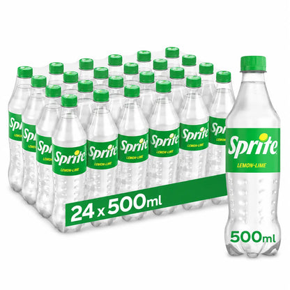 A 24 pack of Sprite 500ml bottles (Irish), with one bottle displayed separately in front.