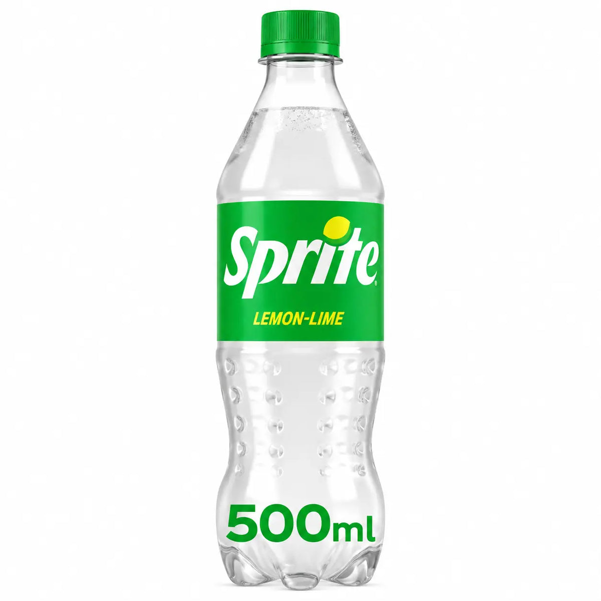A 500 mL bottle of Sprite 500ml 24 Pack Irish lemon-lime soda with a green cap and label is displayed against a white background.