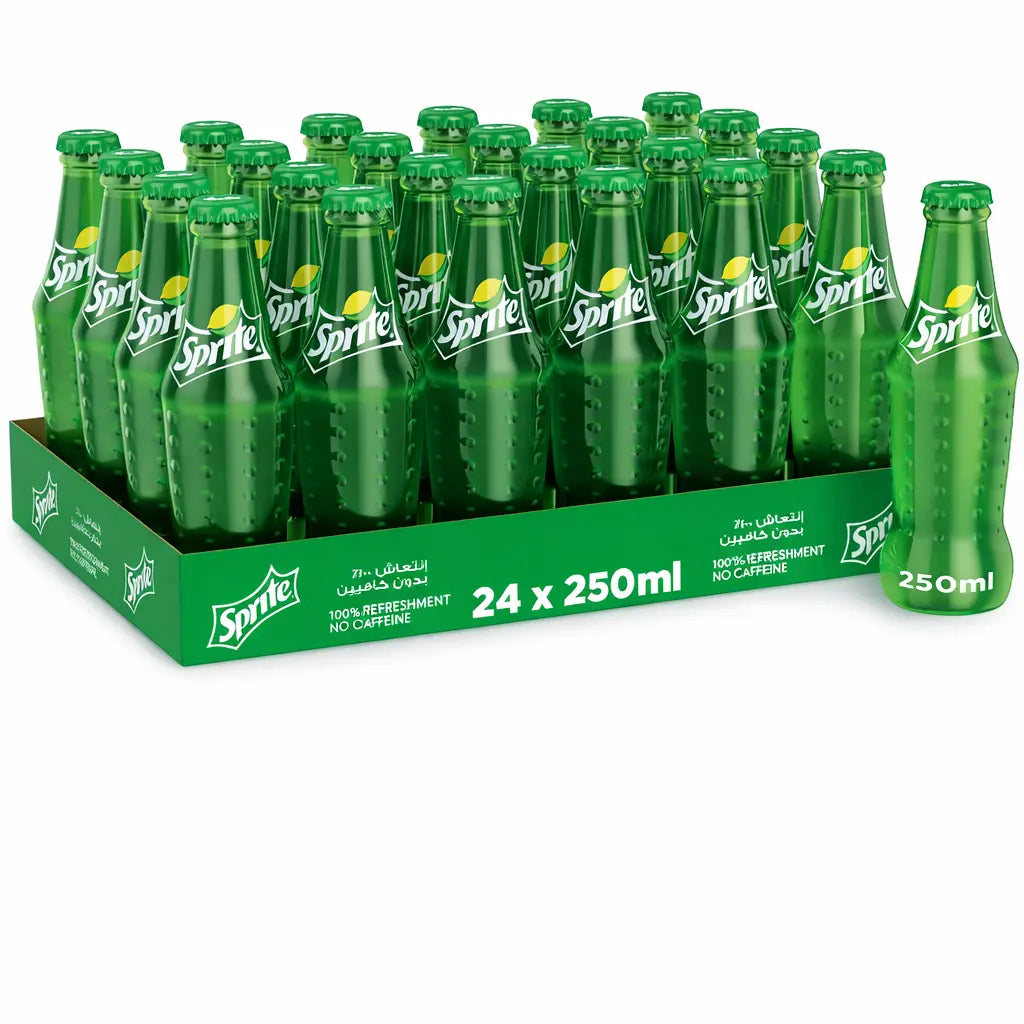 Sprite 250ml Glass Bottles 24 Pack—each tray includes 24 bottles, perfect for wholesale and import into Kurdistan.