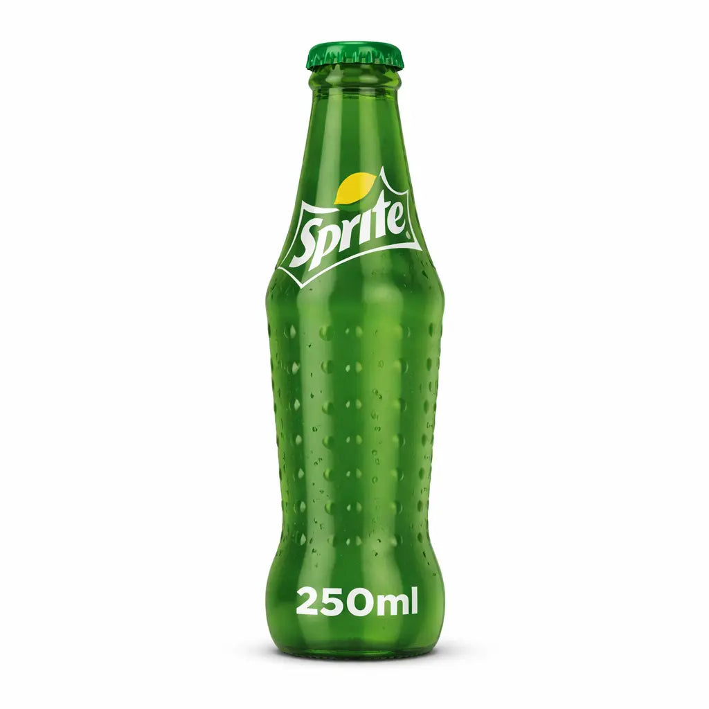 Sprite 250ml Glass Bottles 24 Pack—green glass bottles with green caps and condensation droplets, perfect for soft drinks wholesale or import to Kurdistan.