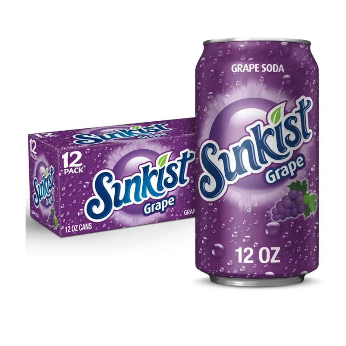 A can of Sinkist Grape 355ml sits in front of a 12-pack box, both with purple packaging, grape images, and branding—a classic American soft drink popular as a USA import.