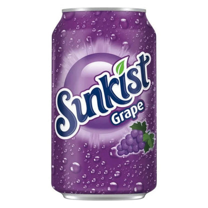 Sinkist Grape 12 x 355ml offers the refreshing taste of this popular American soft drink. Each can features the brand logo, grape imagery, and water droplets on a vibrant purple background. Enjoy this USA import!.
