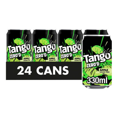 A box of Tango Apple Sugar Free, containing 24 cans (330ml each), is shown—ideal for anyone looking to buy wholesale apple-flavoured soft drinks.