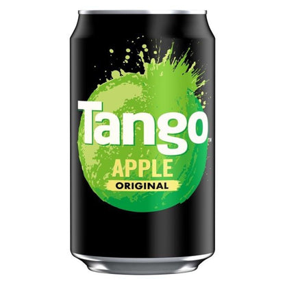 A black can of Tango Apple Sugar Free 330ml, with a bold apple splash graphic and striking white-yellow text—ideal for anyone after wholesale sugar free canned drinks. Comes in a pack of 24.