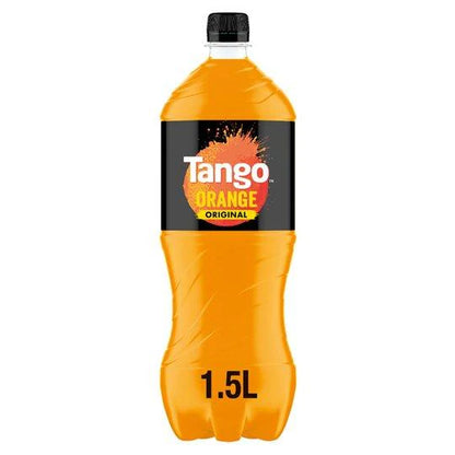 A 1.5-liter bottle of Tango Orange Original soft drink with a black cap and label featuring the brand name and an orange splash graphic.