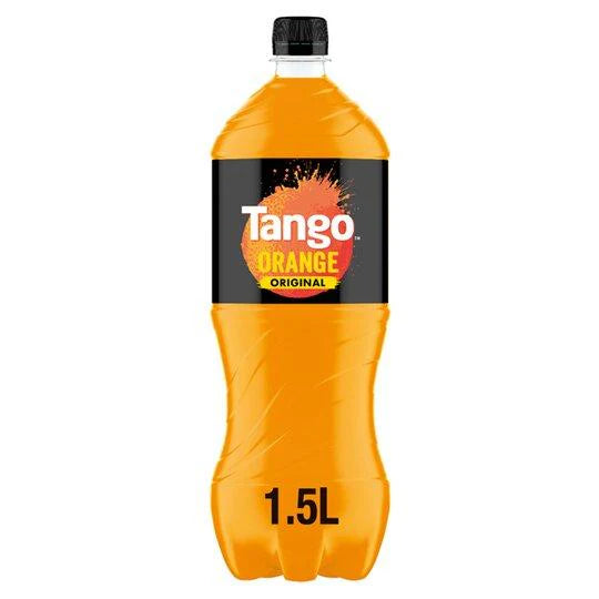 A 1.5-liter bottle of Tango Orange Original soft drink with a black cap and label featuring the brand name and an orange splash graphic.