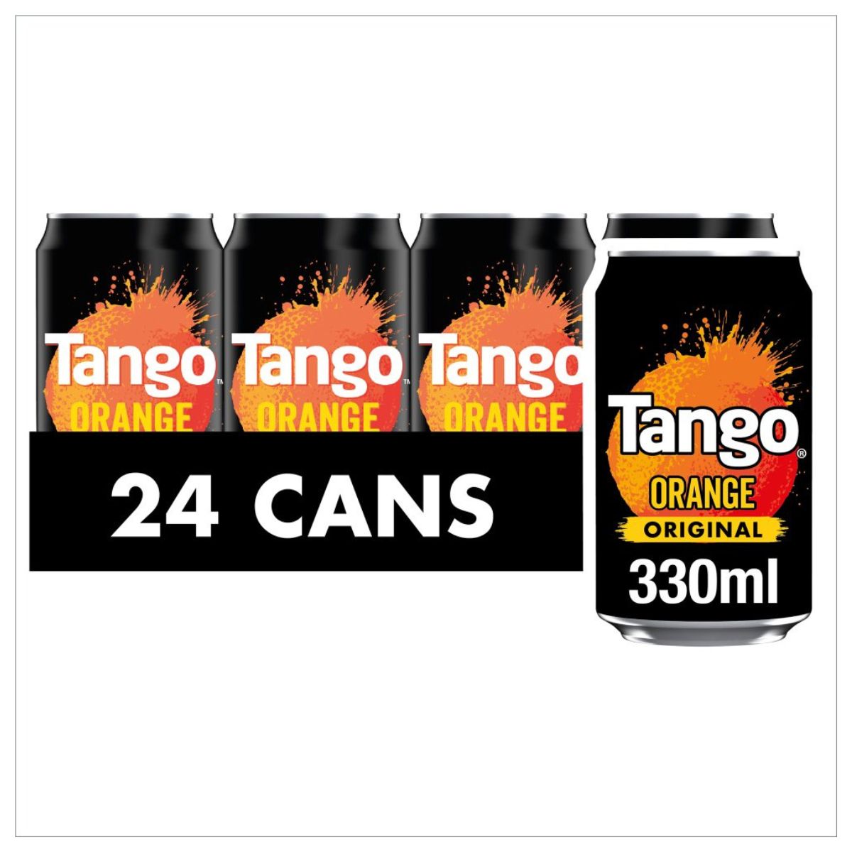 Tango Orange 24 x 330ml cans are shown, making them perfect for fruit-flavoured fizzy drink lovers and ideal for soft drinks wholesale needs.
