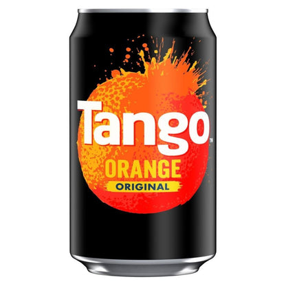 A pack of Tango Orange 24 x 330ml cans is set against a black backdrop with an orange splash behind the logo—ideal for fruit-flavoured soda lovers or anyone seeking Tango Orange cans from wholesale soft drink suppliers.