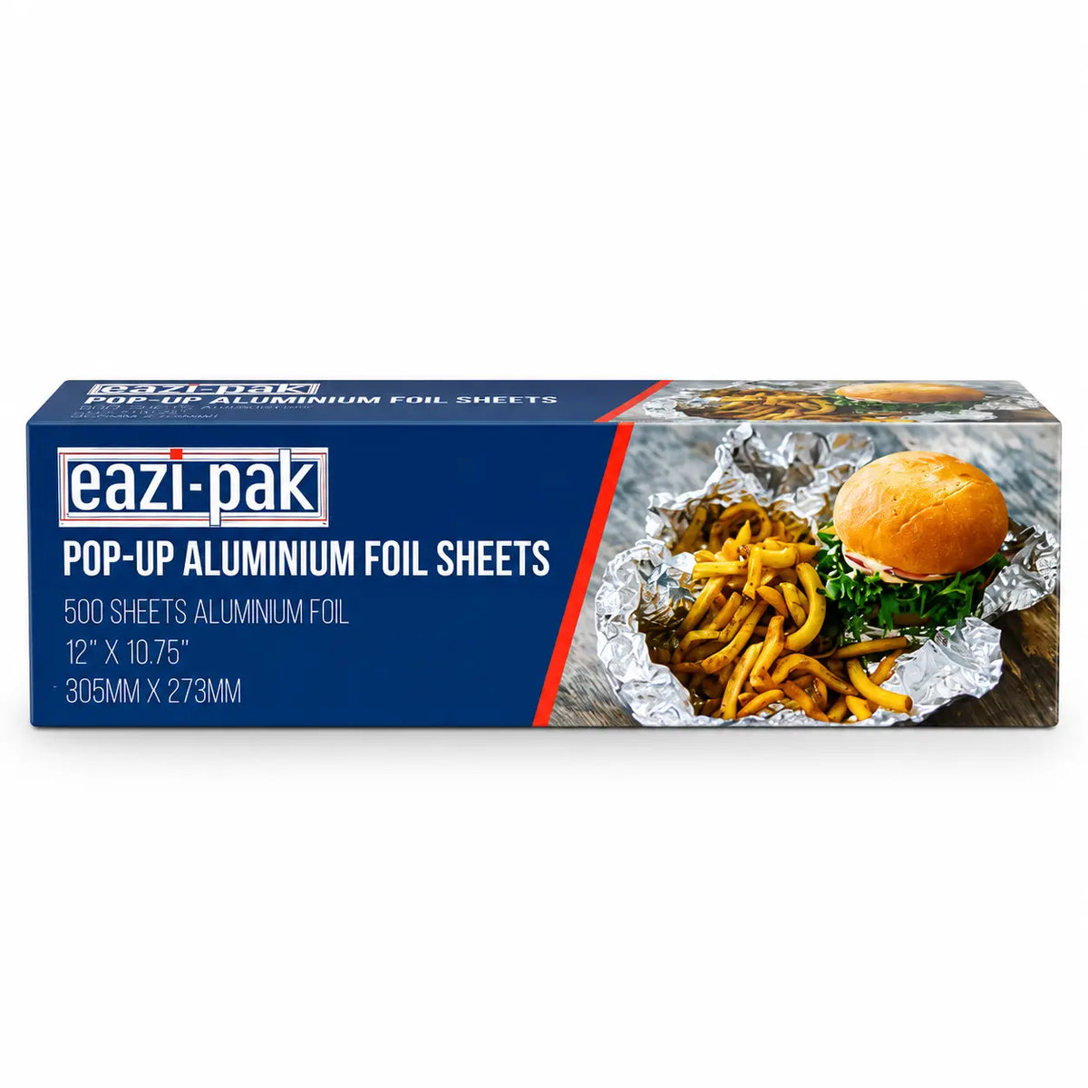 Box of Pre-Cut Foil Sheets 12 x 10.75 Inch, 500 count, featuring packaging with an image of fries and a burger wrapped in foil.