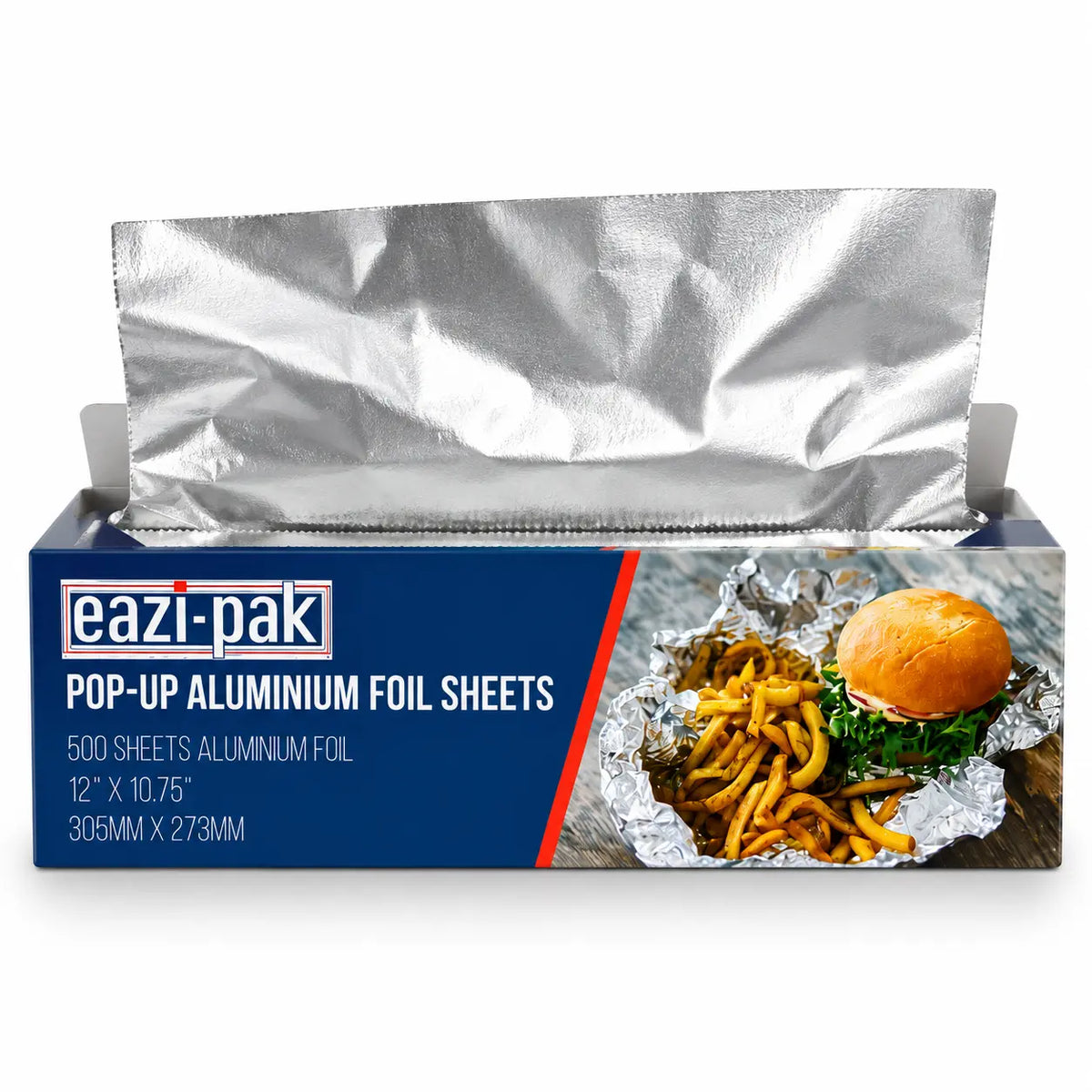A box of Pre-Cut Foil Sheets 12 x 10.75 Inch with one sheet partially pulled out; the packaging displays product details and an image of food wrapped in foil.