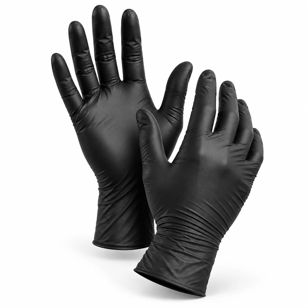 Two Black Nitrile Gloves Powder Free Large, one upright and one with the palm facing slightly outward, are displayed against a white background. These large, powder-free nitrile gloves are food-contact safe, making them ideal for a variety of uses.