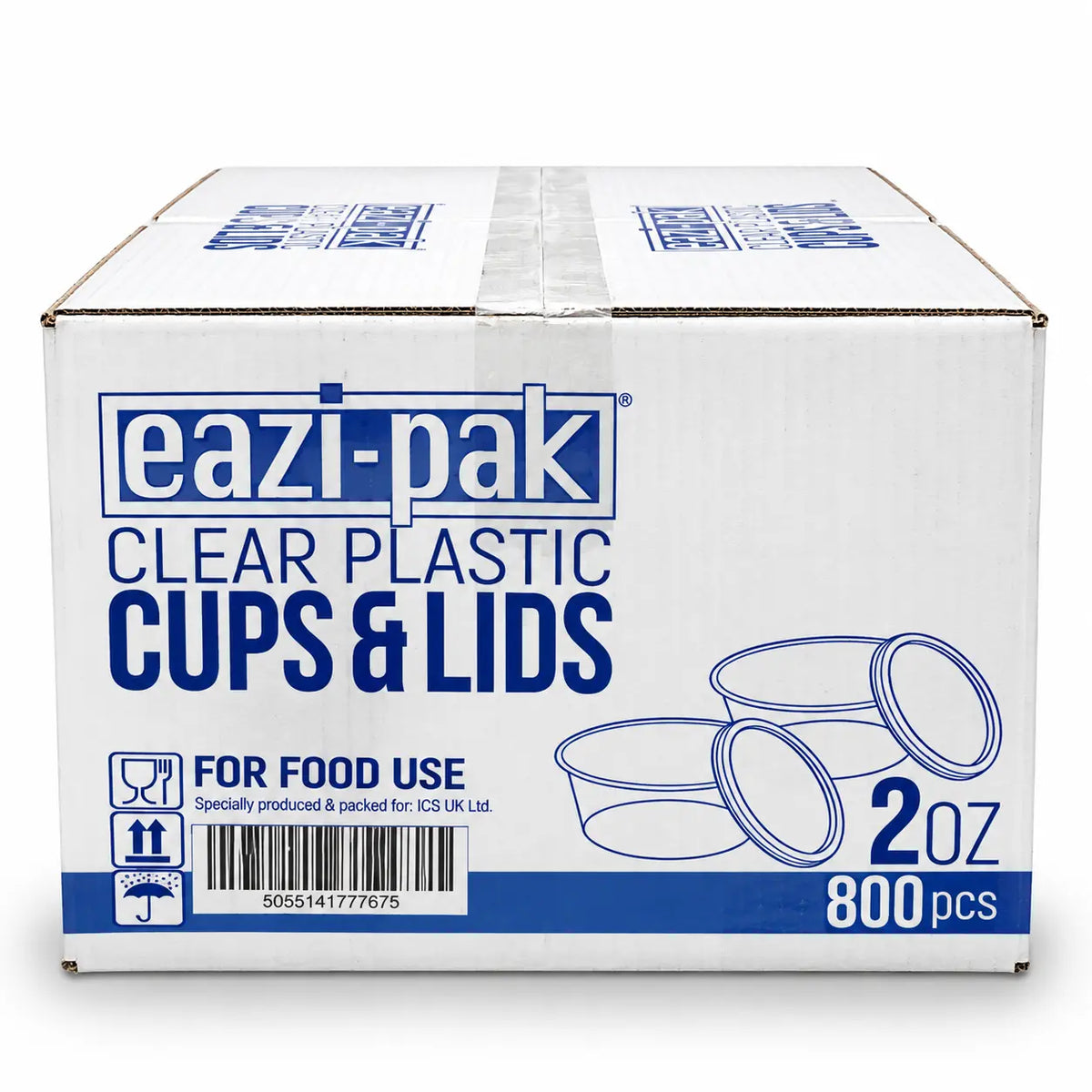 A white box labeled “EaziPak 2oz Sauce Pots and Lids 800 Pack,” featuring line art of two portion pots and blue food use icons. Includes PET lids to securely seal your 2oz sauce pots.