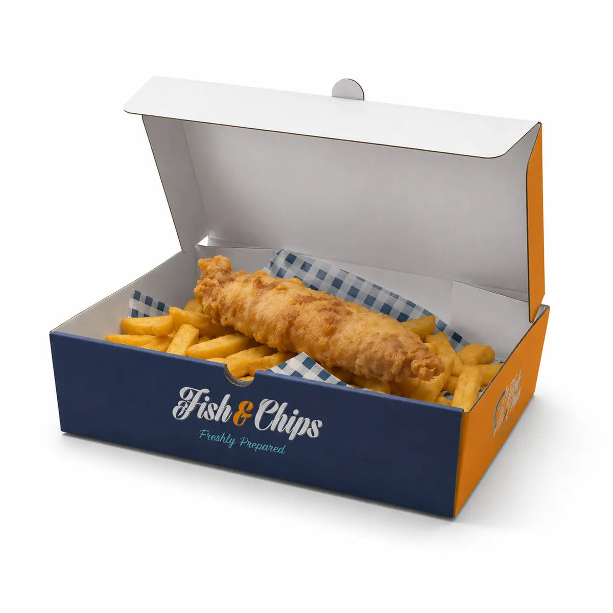 A Fish & Chip Boxes Medium 270 x 150 x 50mm from our 90 Pack contains a piece of fried fish and a serving of fries arranged on blue checkered paper, all neatly presented in a recyclable food box.