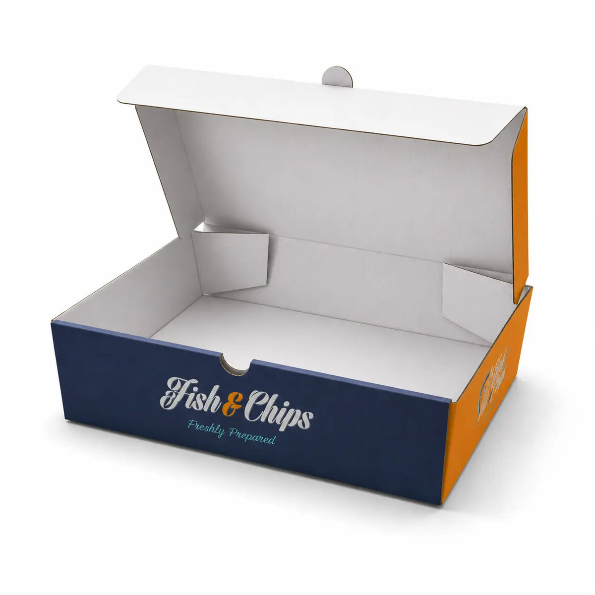 Open, empty Fish & Chip Boxes Medium (270 x 150 x 50mm), pack of 90, with “Fish & Chips Freshly Prepared” printed on the front, displayed against a plain white background—a perfect recyclable packaging solution for classic fish and chips.
