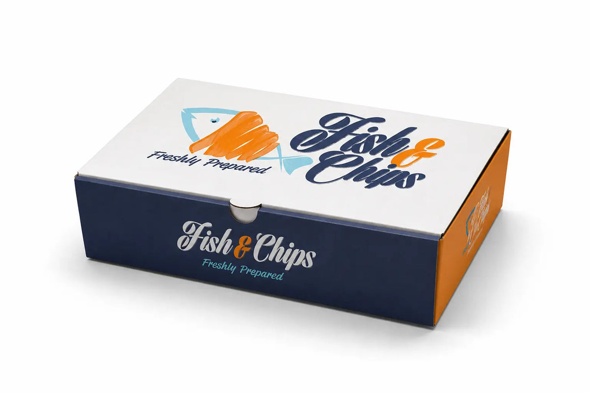 Introducing the Fish & Chip Boxes Medium 270 x 150 x 50mm (90 Pack): these recyclable cardboard boxes feature a fish illustration and “Fish & Chips Freshly Prepared” text on the lid and sides, making them perfect for serving your takeaway favourites.