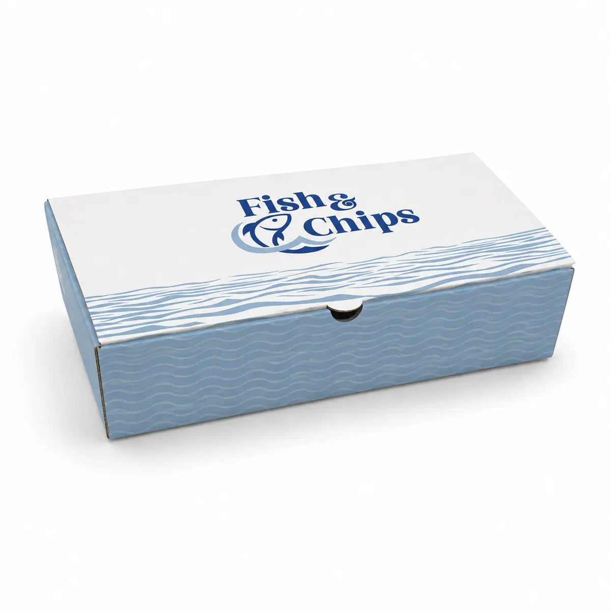 A small rectangular Fish & Chip Box (140 x 150 x 50mm), featuring a blue and white design with “Fish & Chips” printed on the lid, made from recyclable cardboard and ideal for kids’ portions, shown against a plain white background. This pack contains 90 boxes.
