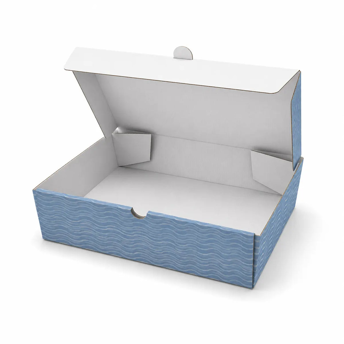 A small, open rectangular Fish & Chip Box (140 x 150 x 50mm) made from recyclable cardboard, featuring a blue wavy side pattern, is displayed on a white background. Ideal for serving kids’ portions. Available in a 90 pack.