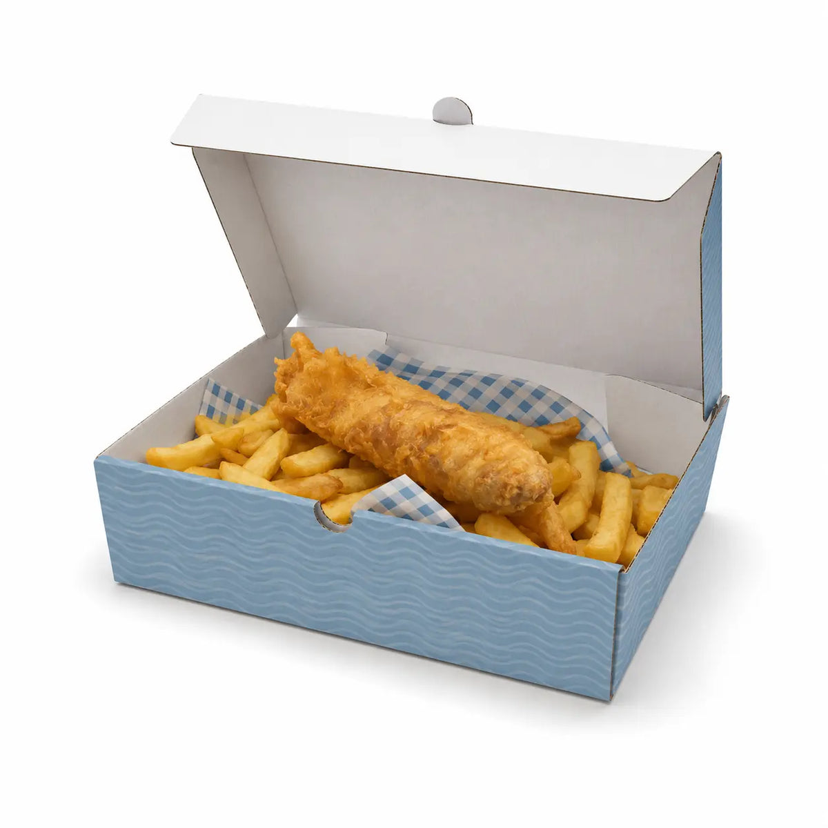 A serving of golden fries and a battered fish fillet is presented on checkered paper in a Fish & Chip Boxes Small 140 x 150 x 50mm, made from recyclable cardboard, set against a plain white background.