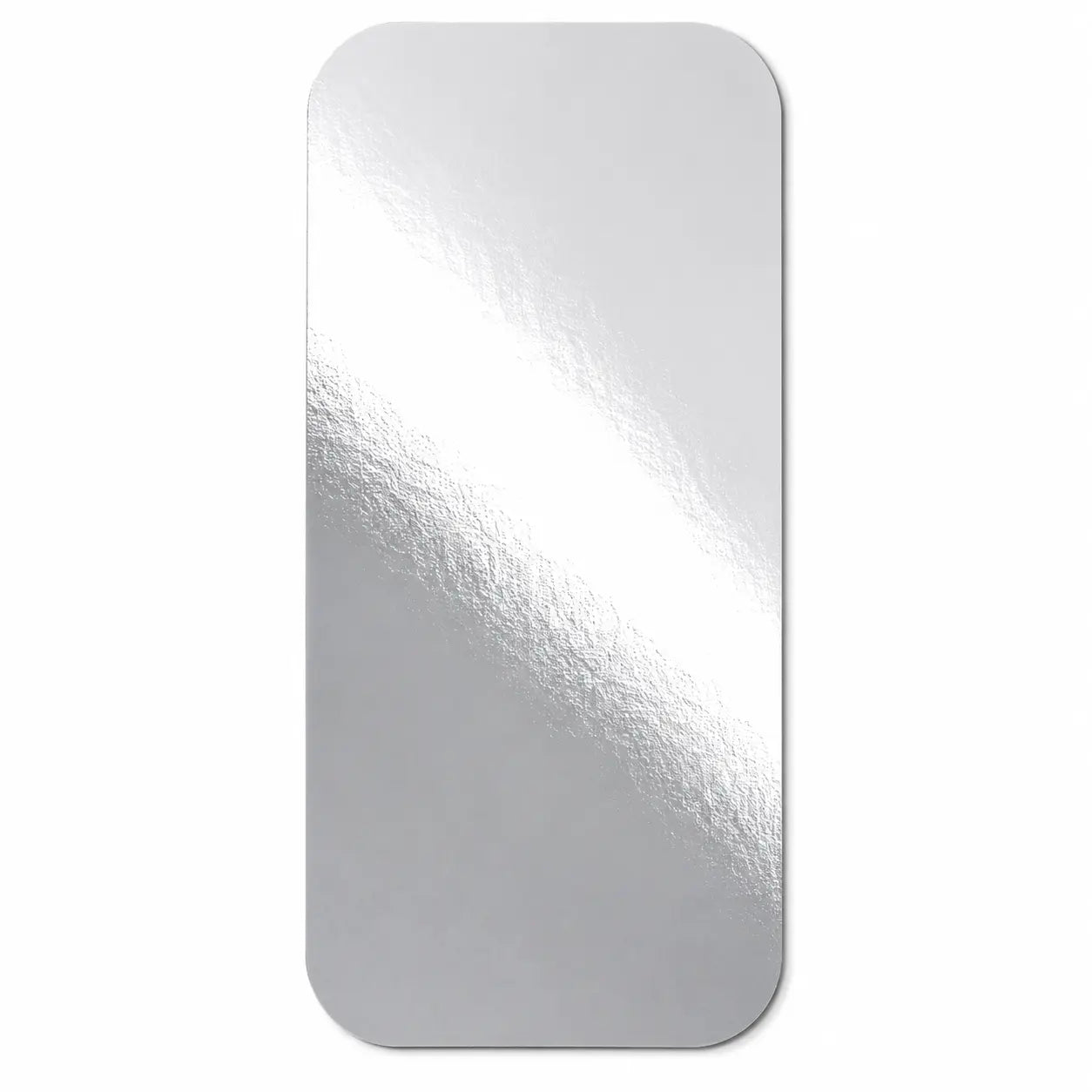 A pack of 1000 Aluminium Foil Container No.6a foil lined lids, each a rectangular sheet with rounded corners and a textured surface, shown on a white background. Designed to reduce heat loss, these foil-lined lids are commonly used with cardboard for improved insulation.