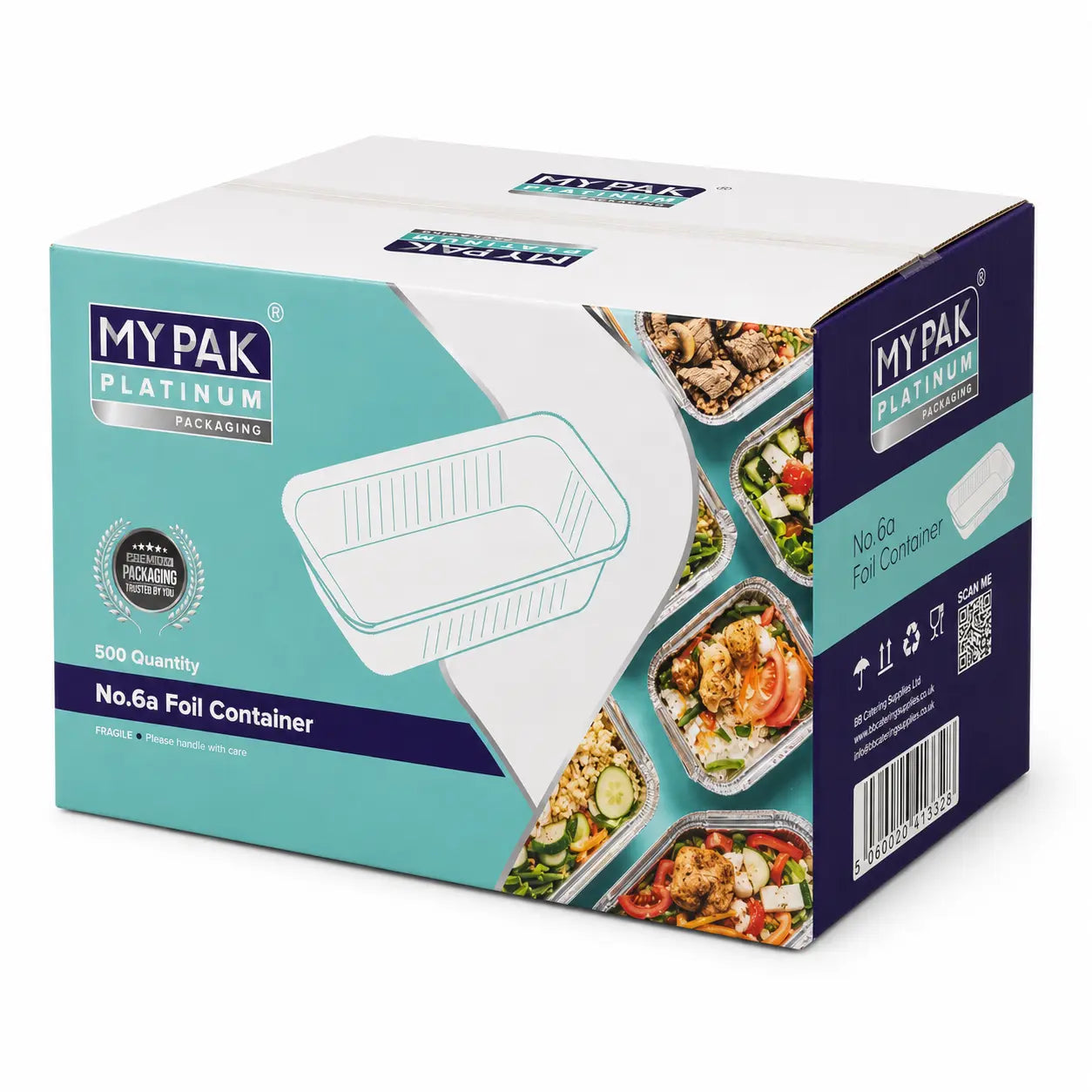 A 500-pack of Aluminium Foil Trays No 6A 600ml, ideal for food packaging wholesale, comes in a box featuring images of the trays filled with food.