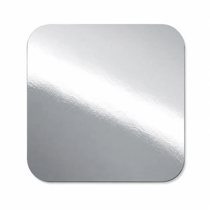 The Aluminium Foil Container Foil Lined Lids No.2 1000 Pack features square, reflective silver lids with rounded corners and a diagonal light sheen, specifically designed to securely seal No.2 cardboard food containers—making them ideal as board lids for takeaway use.