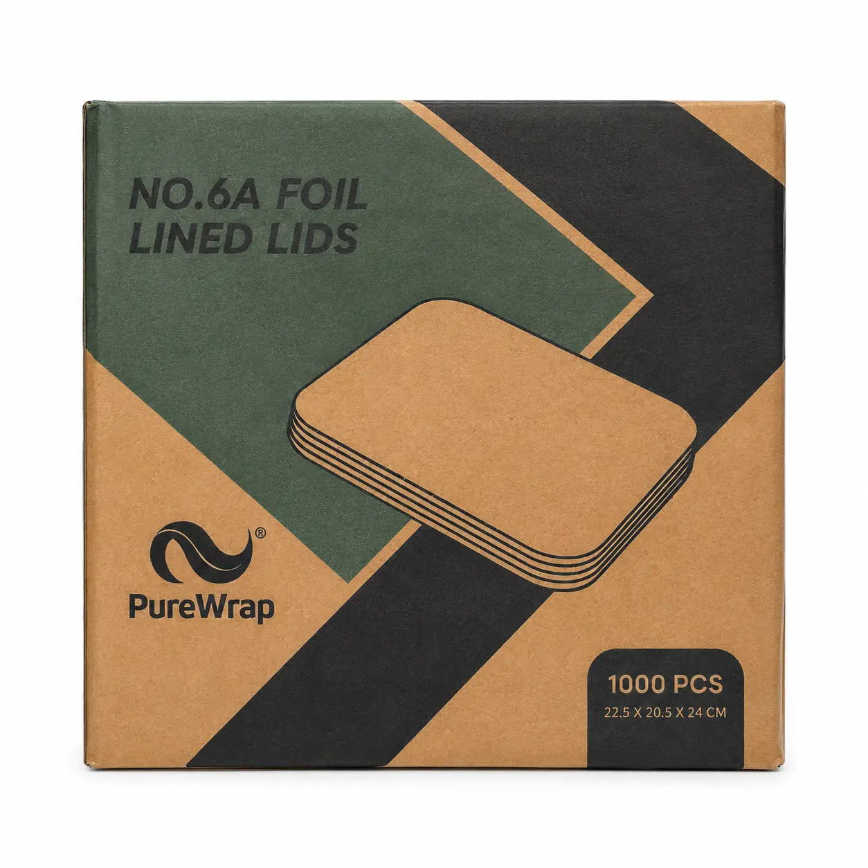 A brown box labeled “Aluminium Foil Container Foil Lined Lids No.6a 1000 Pack,” featuring an illustration of cardboard lids, the PureWrap logo, and size details (22.5 x 20.5 x 2.4 cm), designed to help reduce heat loss and preserve freshness.