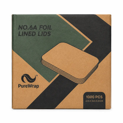 A brown box labeled “Aluminium Foil Container Foil Lined Lids No.6a 1000 Pack,” featuring an illustration of cardboard lids, the PureWrap logo, and size details (22.5 x 20.5 x 2.4 cm), designed to help reduce heat loss and preserve freshness.