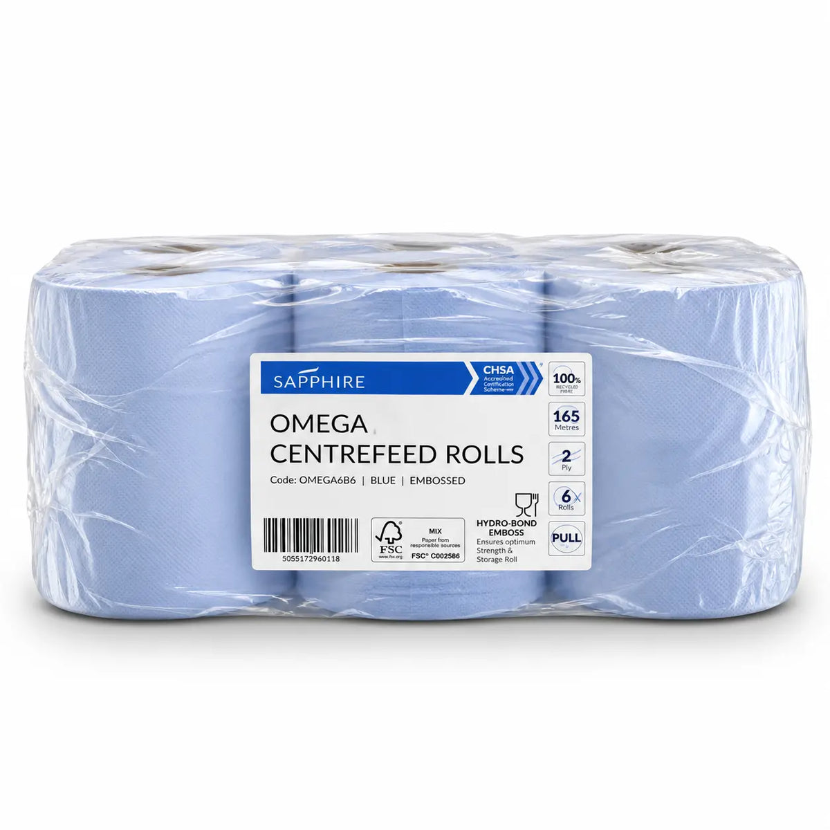 A six-pack of Saphire Omega Centrefeed Blue Roll 100m, individually plastic-wrapped, featuring 2-ply embossed sheets and CHSA certification. Each roll is standard length at 100 meters.