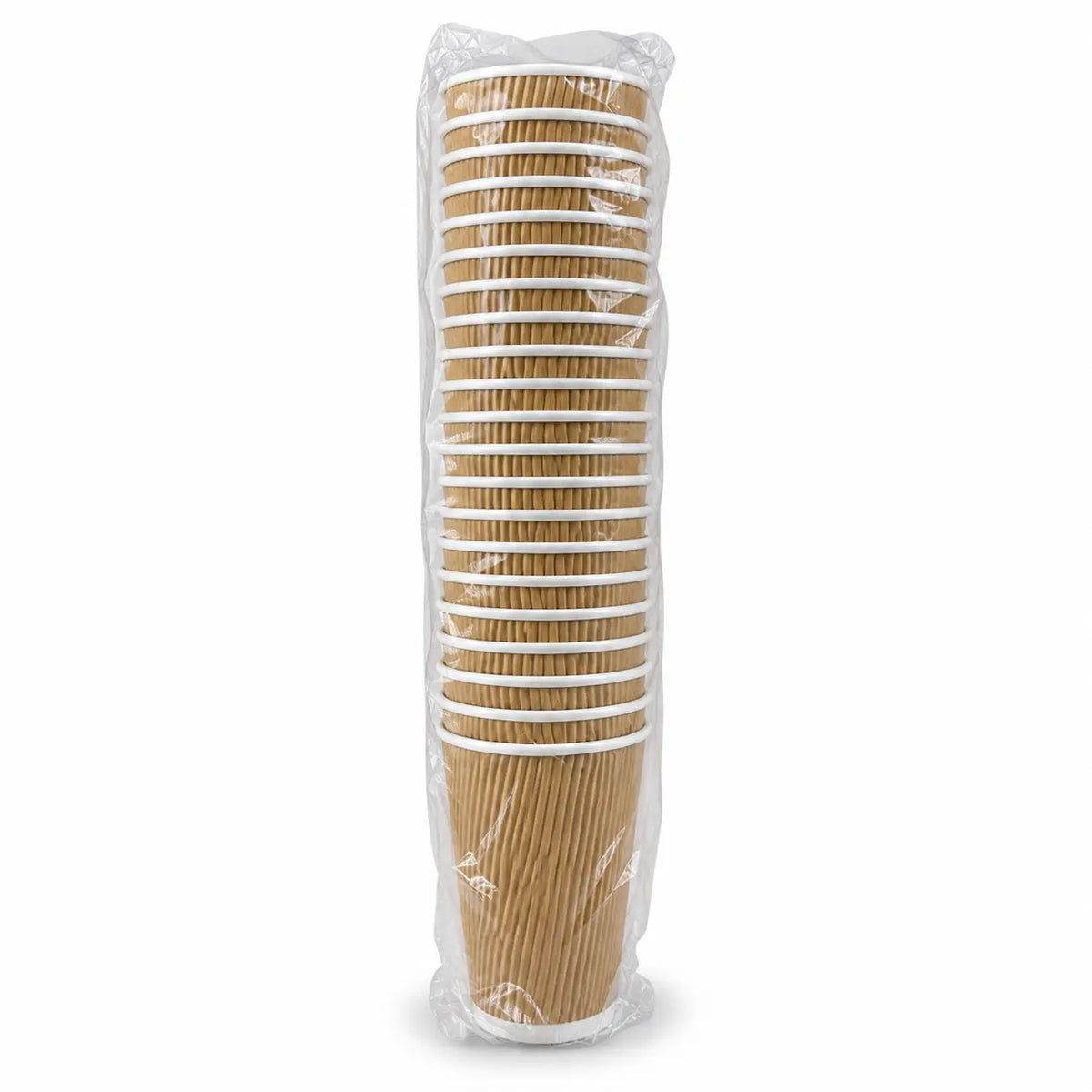 A tall stack of BioFlex 12oz Brown Ripple Coffee Cups is wrapped in clear plastic packaging, standing upright against a plain white background.